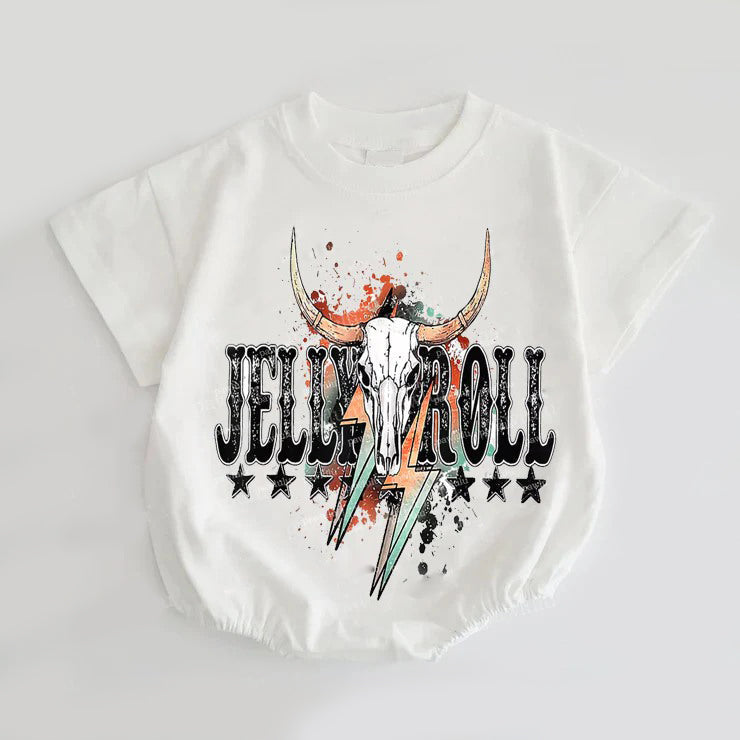 ( Moq 5 ) Preorder Baby Kids Short Sleeves Western Music Bull Skull Bubble Romper