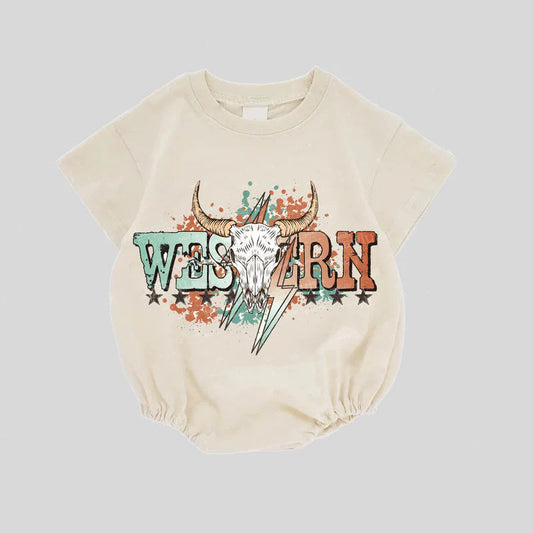 ( Moq 5 ) Preorder Baby Kids Short Sleeves Western Bull Skull Bubble Romper