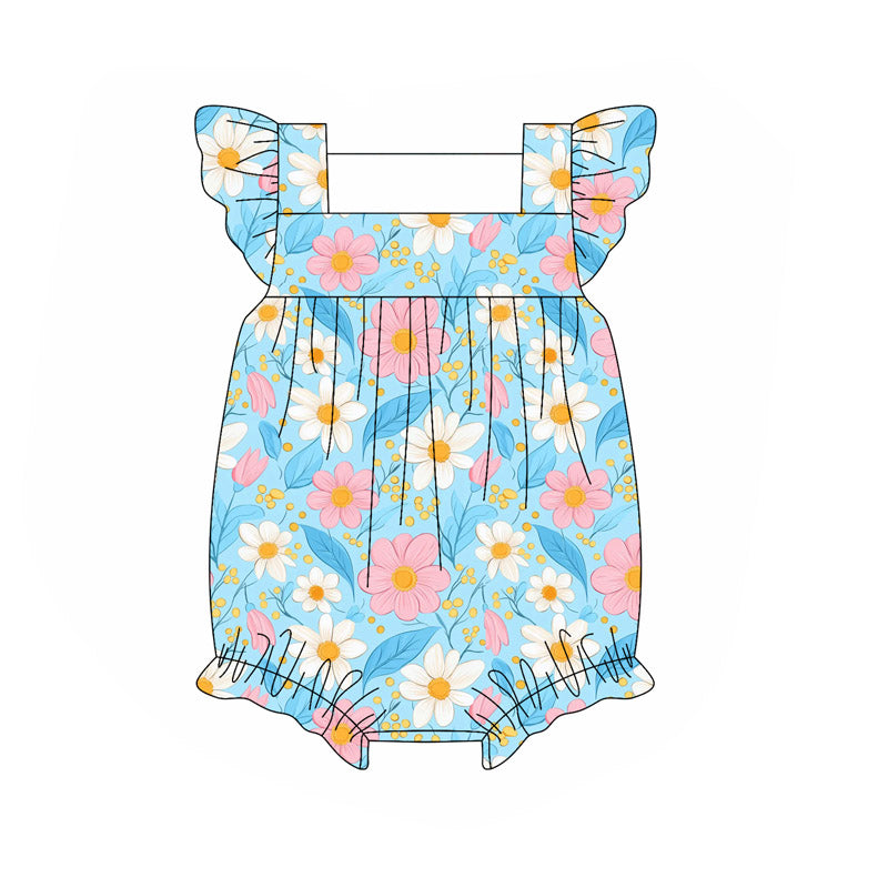 ( Moq 5 ) Preorder Baby Girl Short Sleeves Flower Blue Bubble Romper