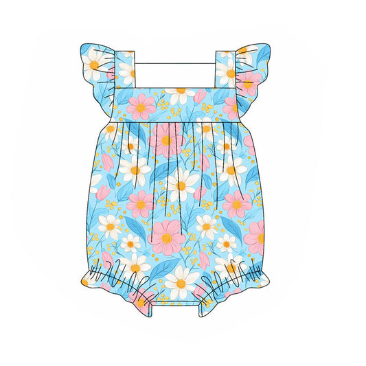 ( Moq 5 ) Preorder Baby Girl Short Sleeves Flower Blue Bubble Romper