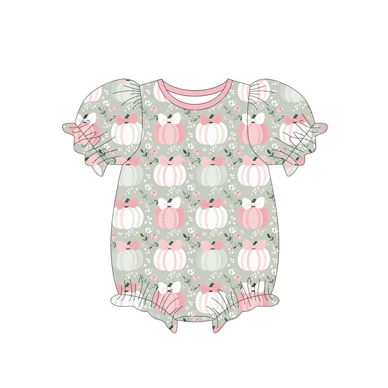 ( Moq 5 ) Preorder Baby Girl Short Sleeves Pumpkins Bows Bubble Romper