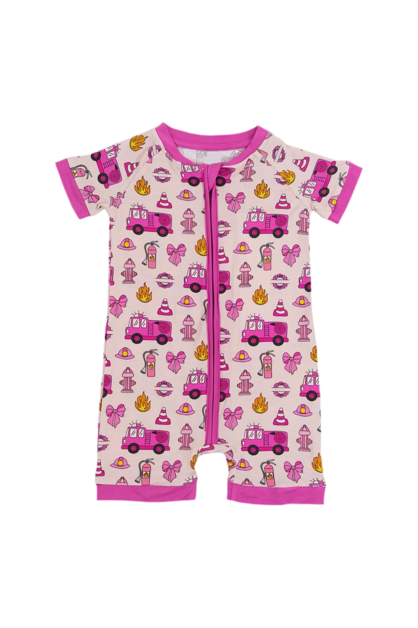 ( Moq 5 ) Preorder Baby Girl Short Sleeves Trucks Pink Zipper Romper