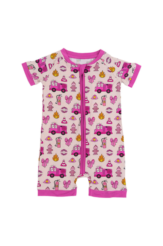 ( Moq 5 ) Preorder Baby Girl Short Sleeves Trucks Pink Zipper Romper