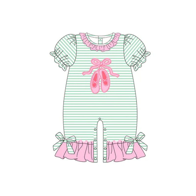 ( Moq 5 ) Preorder Baby Girl Short Sleeves Bow Shoes Stripes Ruffle Romper
