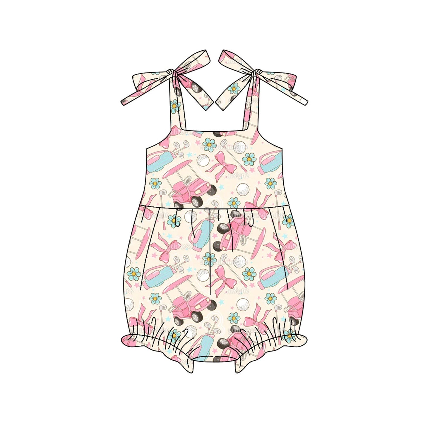( Moq 5 ) Preorder Baby Girl Straps Pink Bows Golf Flower Bubble Romper