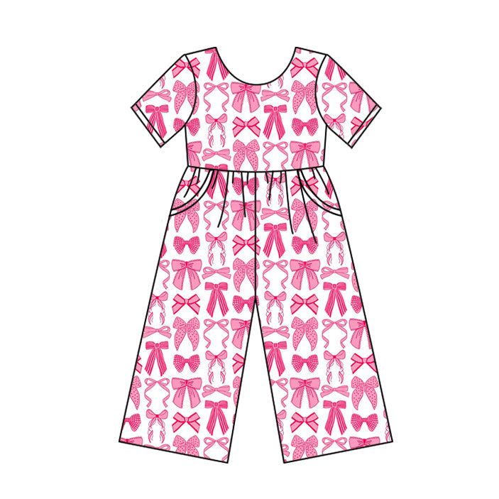 ( Moq 5 ) Preorder Baby Girl Short Sleeves Pink Bows Pockets Jumpsuit