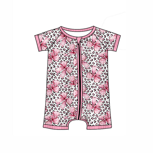 ( Moq 5 ) Preorder Baby Girl Short Sleeves Flower Leopard Zipper Ribbed Romper