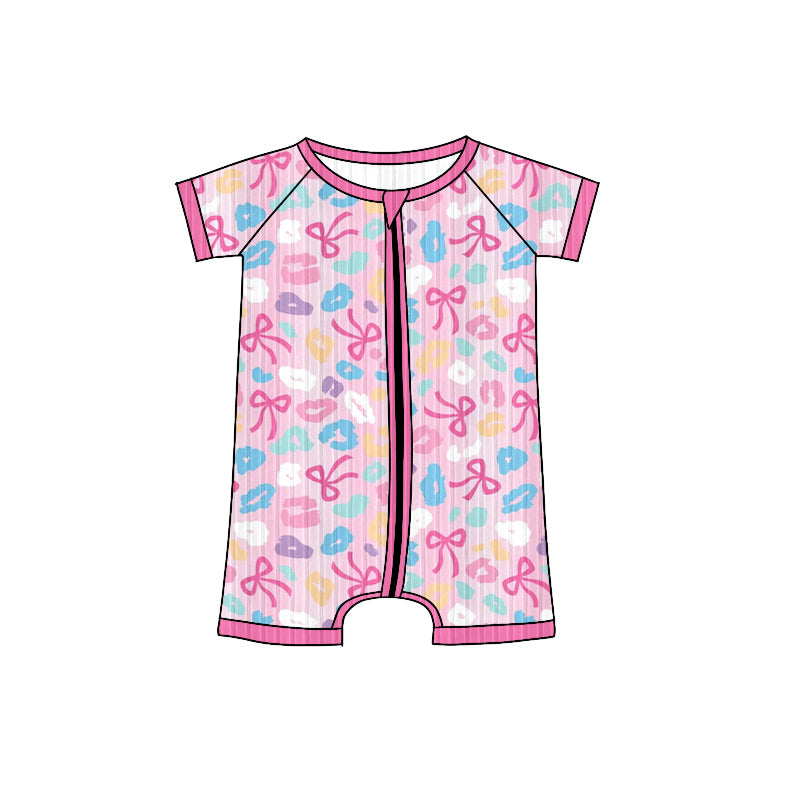 ( Moq 5 ) Preorder Baby Girl Short Sleeves Bows Leopard Ribbed Zipper Pink Romper
