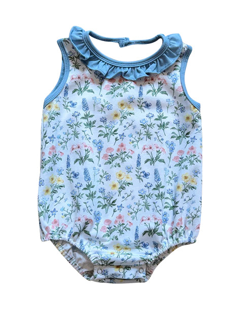 ( Moq 5 ) Preorder Baby Girl Sleeveless Floral Blue Ruffle Bubble Romper