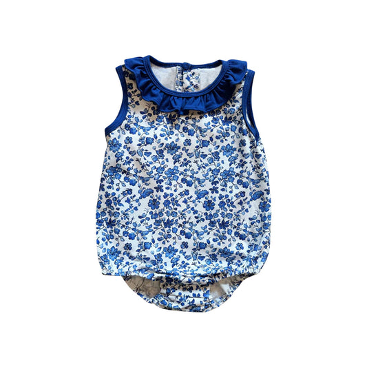 ( Moq 5 ) Preorder Baby Girl Sleeveless Blue Floral Ruffle Bubble Romper