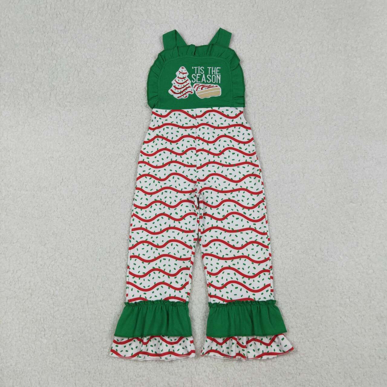 Sibling Baby Girls Kids Embroidery Cakes Tree Christmas Green Jumpsuit Set Clothes RTS