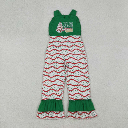 Sibling Baby Girls Kids Embroidery Cakes Tree Christmas Green Jumpsuit Set Clothes RTS