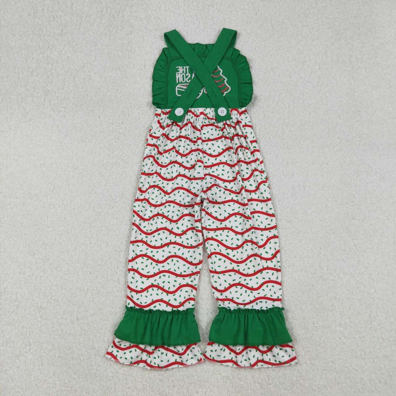 Sibling Baby Girls Kids Embroidery Cakes Tree Christmas Green Jumpsuit Set Clothes RTS