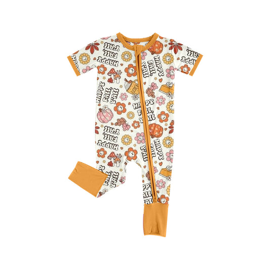 ( Moq 5 ) Preorder Baby Girl Short Sleeves Fall Pumpkins Flower Zipper Romper