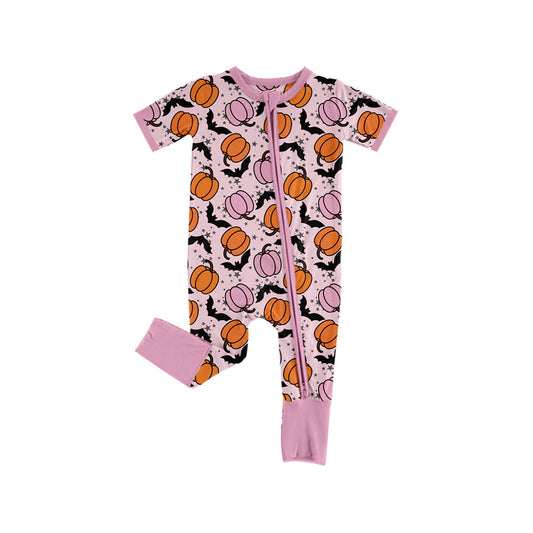 ( Moq 5 ) Preorder Baby Girl Short Sleeves Pumpkins Bats Halloween Zipper Romper