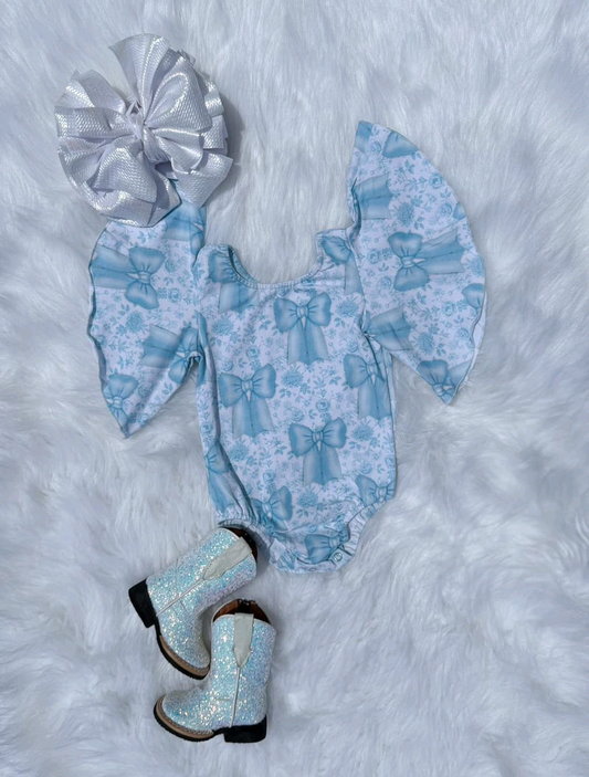 ( Moq 5 ) Preorder Baby Girl Short Sleeves Blue Bows Flower Bubble Romper