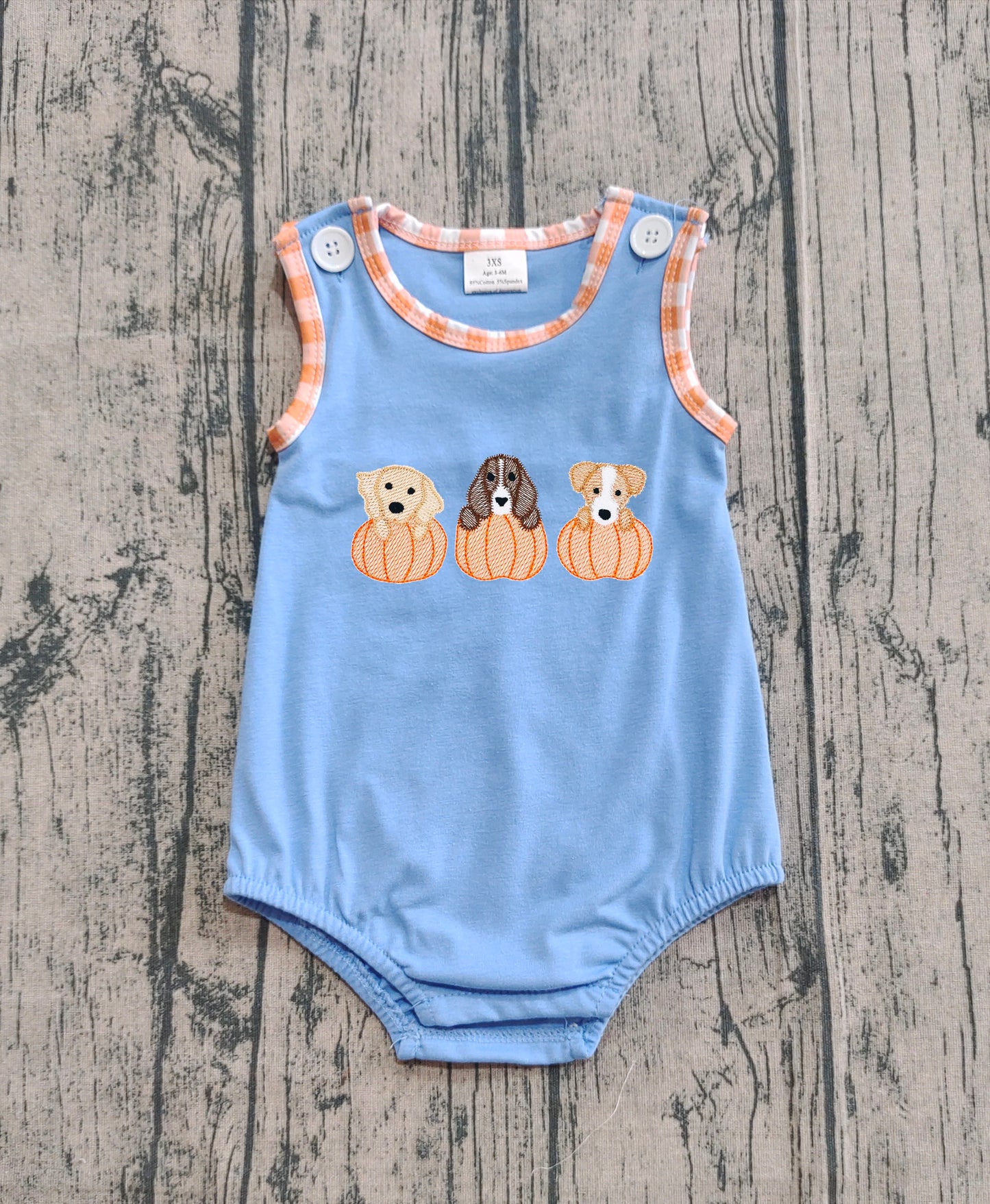 ( No moq ) Preorder Baby Boy Sleeveless Embroidery Dogs Pumpkins Thanksgiving Fall Romper