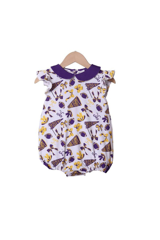 ( Moq 5 ) Preorder Baby Girl Short Sleeves Cheer Purple Bows Summer Team Bubble Romper
