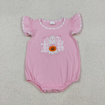Sibling Girls Boys Short Sleeves Embroidery Ghost Pumpkin Halloween Bubble Romper RTS
