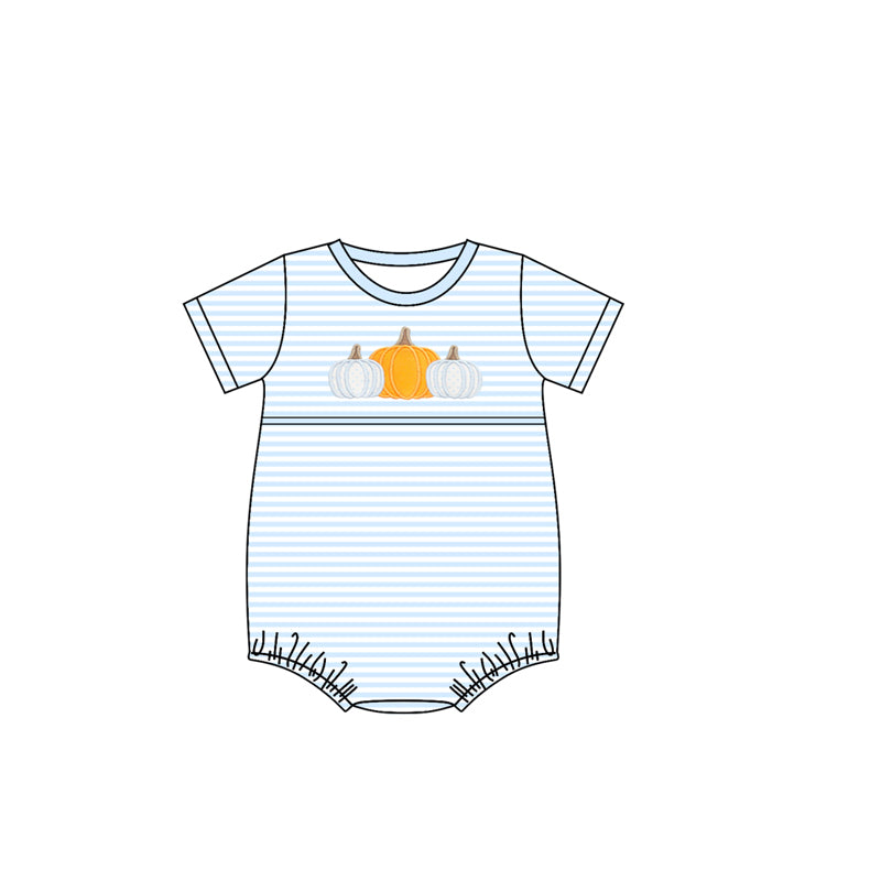 ( Moq 5 ) Preorder Baby Boy Short Sleeves Pumpkins Blue Stripes Fall Bubble Romper