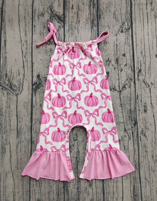 ( No moq ) Preorder Baby Girl Halter Pink Bows Pumpkins Fall Jumpsuit