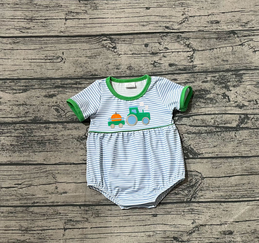 ( No moq ) Preorder Baby Boy Short Sleeves Embroidery Pumpkin Tractor Stripes Bubble Romper