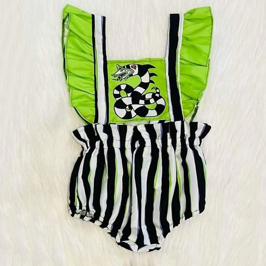 ( Moq 5 ) Preorder Baby Girl Short Sleeves Stripes Halloween Green Ruffle Romper