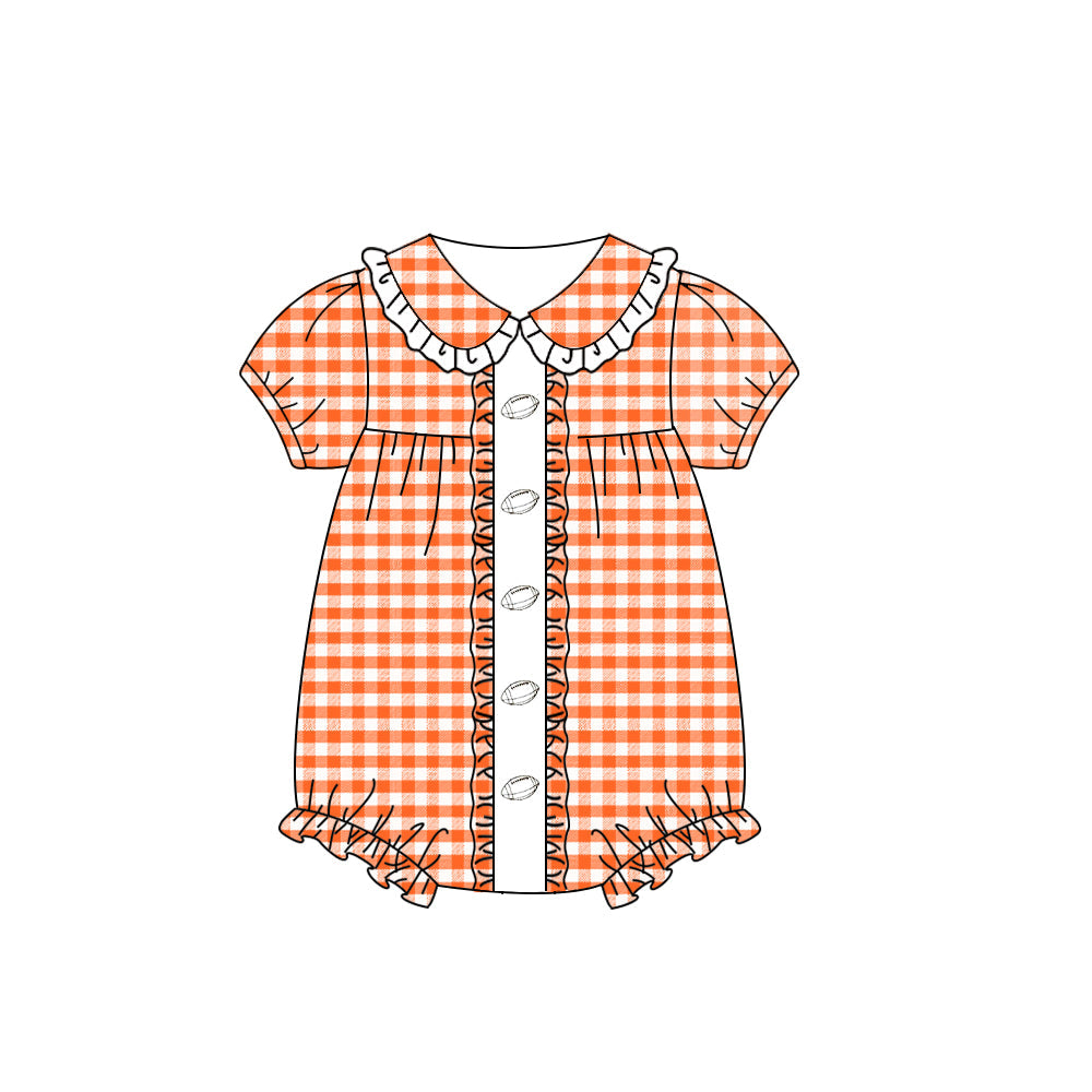 ( Moq 5 ) Preorder Baby Girl Short Sleeves Orange Plaid Summer Football Bubble Romper