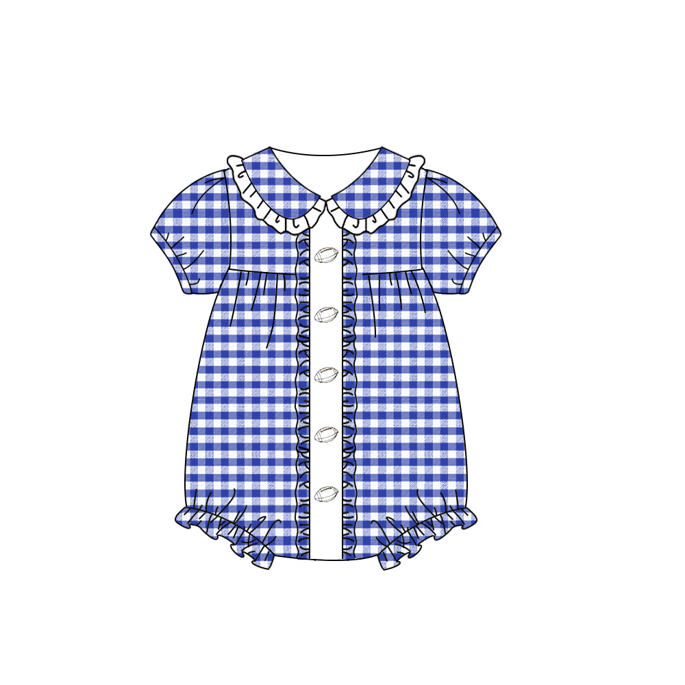 ( Moq 5 ) Preorder Baby Girl Short Sleeves Blue Plaid Summer Football Bubble Romper