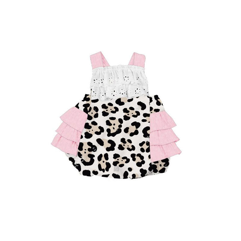 ( Moq 5 ) Preorder Baby Girls Infant Sleeveless Leopard Ruffle Bubble Romper