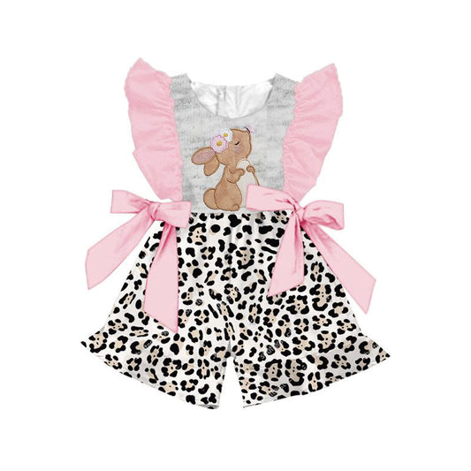 ( Moq 5 ) Preorder Baby Girls Kids Short Sleeves Easter Rabbit Leopard Pink Bows Jumpsuit