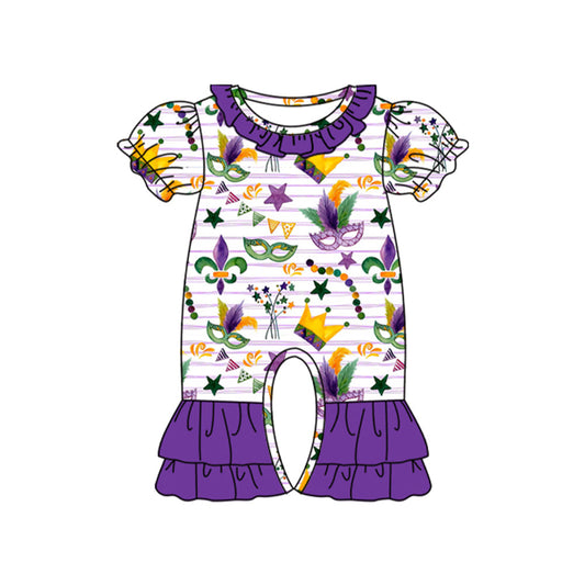 ( Moq 5 ) Preorder Baby Girls Infant Short Sleeves Mardi Gras masks Purple Ruffle romper
