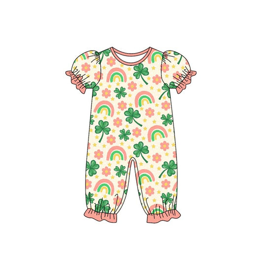 ( Moq 5 ）Preorder Girls Kids Short Sleeves Rainbow Flower St. Patrick's Romper