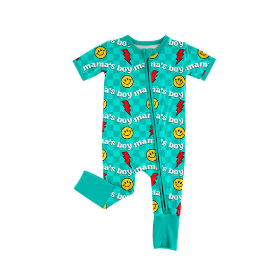 ( Moq 5  ) Boys Infant Short Sleeves Mama's Boy Smile Checked Zipper Sleeper Romper