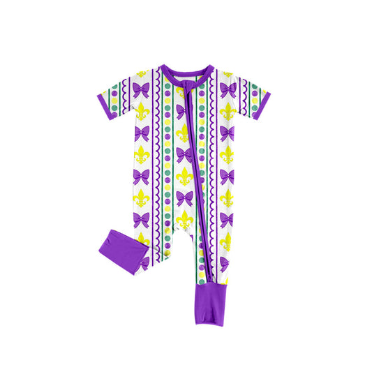 ( Moq 5  ) Girls Infant Short Sleeves Anchors Bows Mardi Gras Zipper Romper