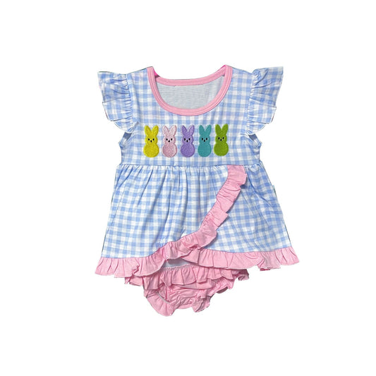 ( Moq 5 ) Preorder Girls Kids Short Sleeves Rabbits Blue Plaid Easter Ruffle Romper