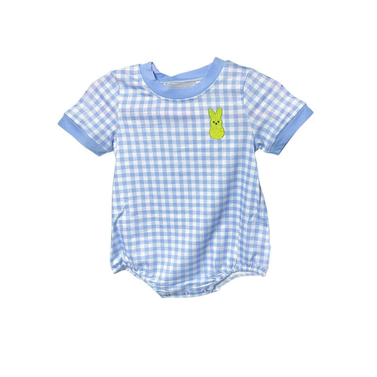 ( Moq 5 ) Preorder Boys Kids Short Sleeves Blue Plaid Rabbit Easter Bubble Romper