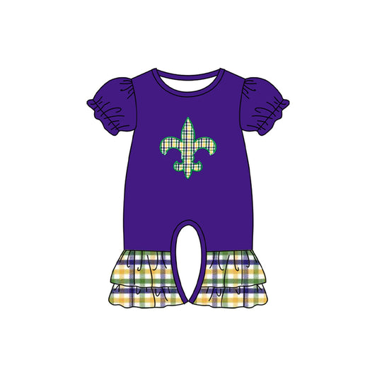 ( Moq 5 ) Preorder Girls Infant Short Sleeves Anchor Mardi Gras Purple Plaid Ruffle Romper