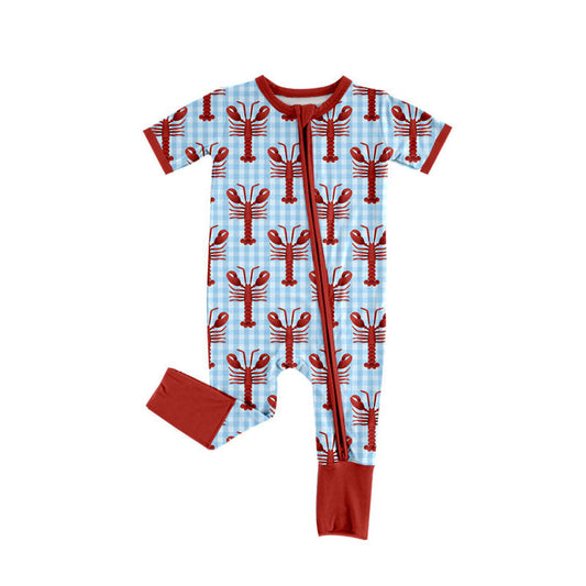 ( Moq 5 ) Preorder Boys Infant Short Sleeves Crayfish Plaid Zipper Romper