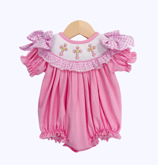 ( Moq 5 ) Preorder Girls Infant Short Sleeves Cross Easter Pink Bubble Romper