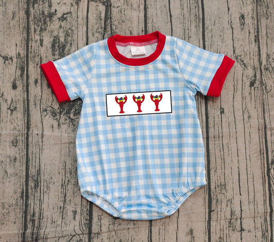 ( Moq 5 ) Preorder Boys Infant Short Sleeves Embroidery Crawfish Blue Plaid Bubble Romper