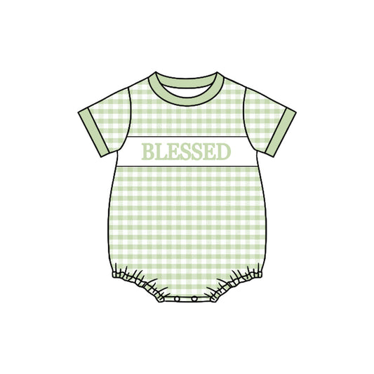 ( Moq 5 ) Preorder Boys Infant Short Sleeves Blessed Green Plaid Bubble Romper