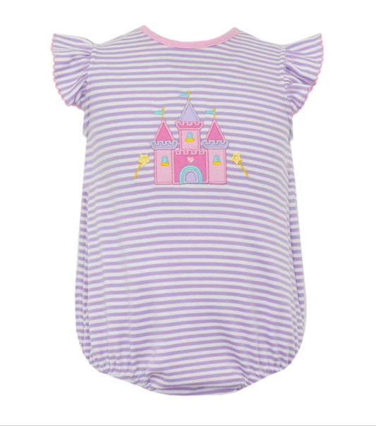 (Moq 5 ) Preorder Girls Kids Short Sleeves Castle Purple Stripes Bubble Romper