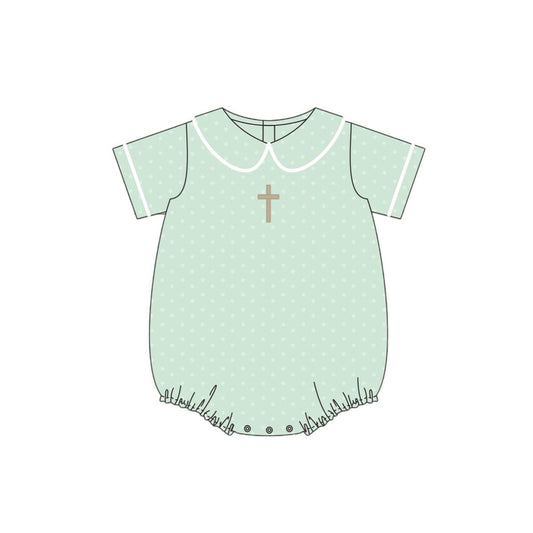 ( Moq 5 ) Preorder Girls Short Sleeves Cross Bows Green Bubble Easter Romper