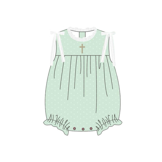 ( Moq 5 ) Preorder Girls Sleeveless Cross Bows Green Bubble Easter Romper