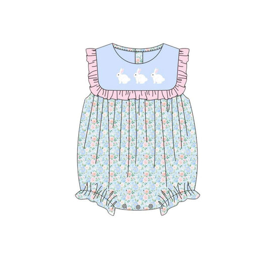 ( Moq 5 ) Preorder Baby Girls Rabbits Floral Easter Ruffle Bubble Romper