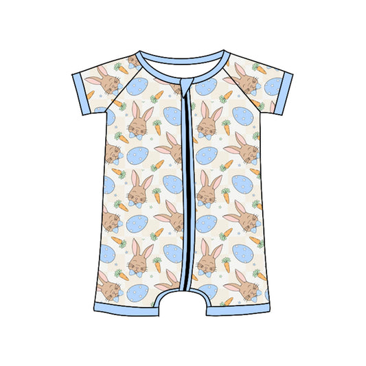 ( Moq 5 ) Preorder Boys Kids Short Sleeves Rabbits Eggs Carrots Easter Zipper Romper