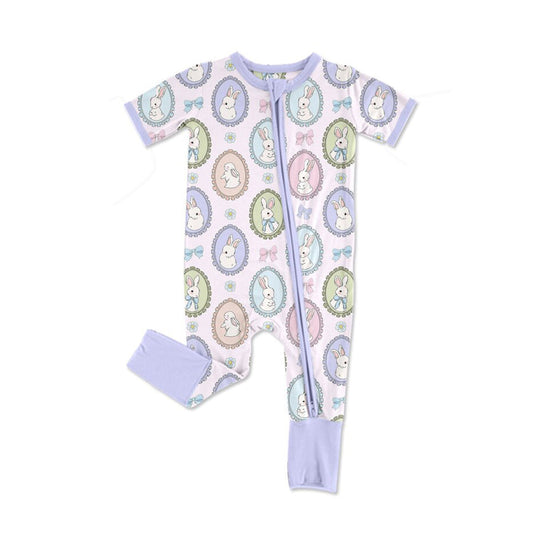 ( Moq 5 ) Preorder Girls Kids Short Sleeves Rabbits Flower Bows Easter Zipper Romper