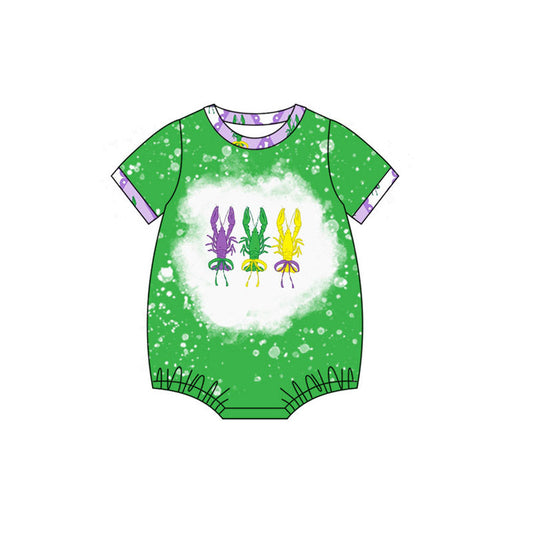 ( Moq 5 ) Preorder Girls Kids Green Short Sleeves Crawfish Bows Mardi Gras Bubble Romper