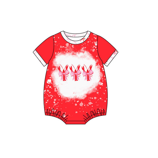 ( Moq 5 ) Preorder Girls Kids Red Short Sleeves Crawfish Bows Bubble Romper